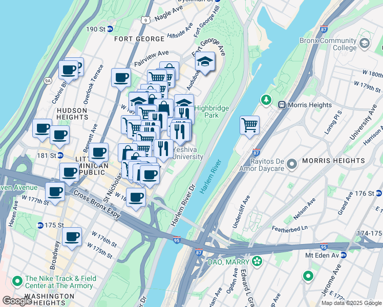 map of restaurants, bars, coffee shops, grocery stores, and more near 100 Laurel Hill Terrace in New York