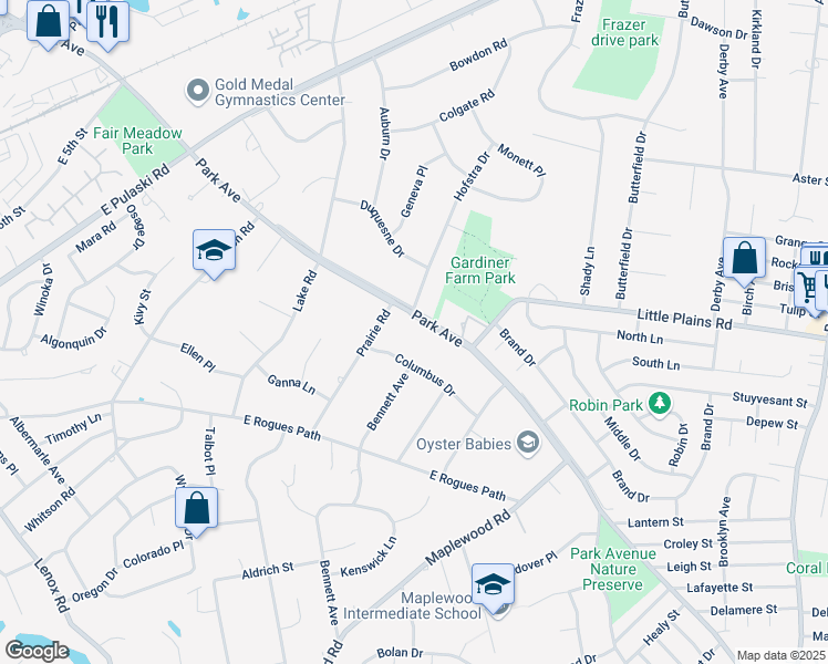 map of restaurants, bars, coffee shops, grocery stores, and more near 889 Park Avenue in Huntington