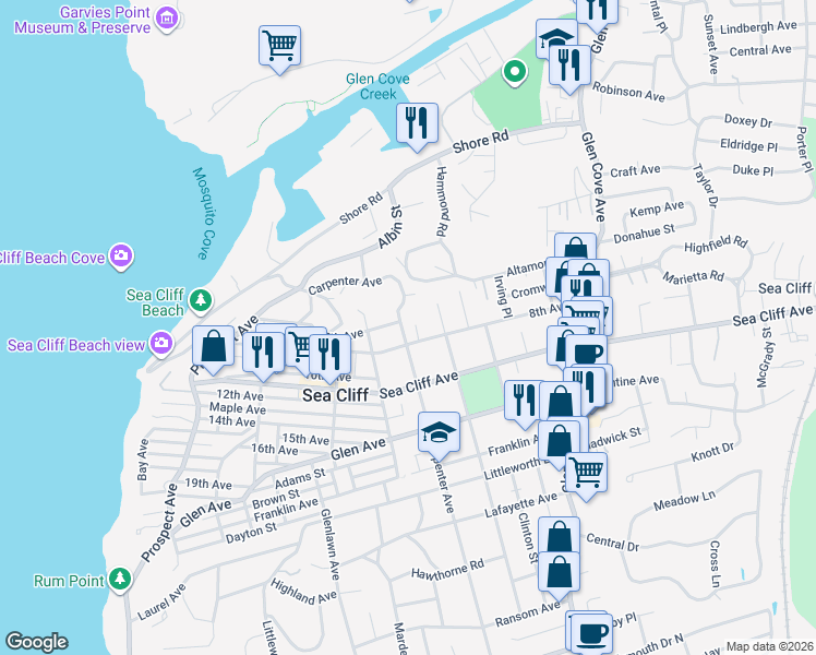 map of restaurants, bars, coffee shops, grocery stores, and more near 140 Carpenter Avenue in Sea Cliff