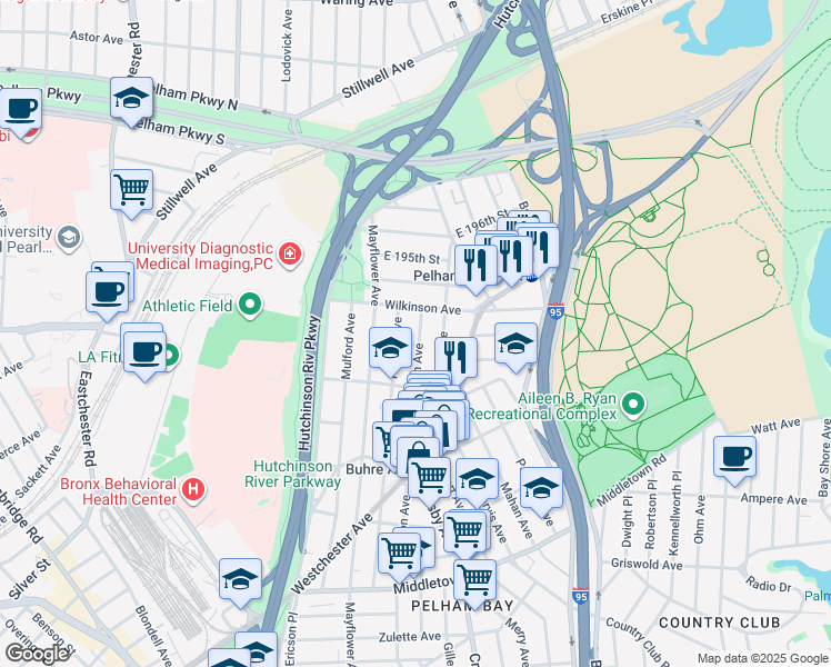 map of restaurants, bars, coffee shops, grocery stores, and more near 1957 Hobart Avenue in Bronx