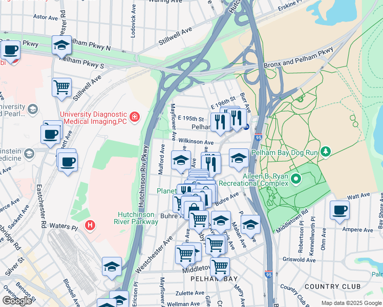map of restaurants, bars, coffee shops, grocery stores, and more near in The Bronx