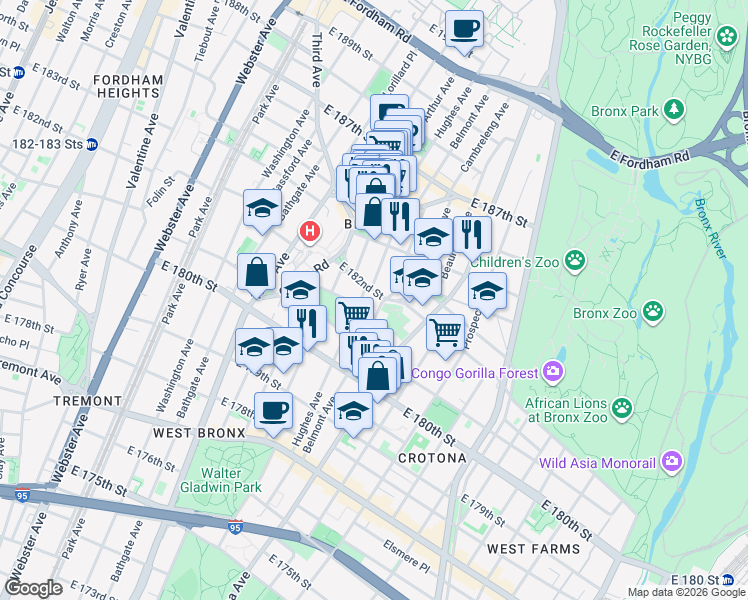 map of restaurants, bars, coffee shops, grocery stores, and more near 2183 Belmont Avenue in Bronx