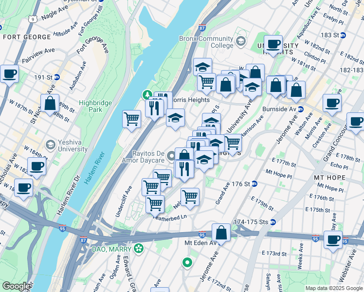 map of restaurants, bars, coffee shops, grocery stores, and more near 1764 Popham Avenue in Bronx