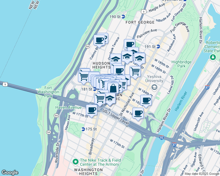 map of restaurants, bars, coffee shops, grocery stores, and more near 728 West 181st Street in New York