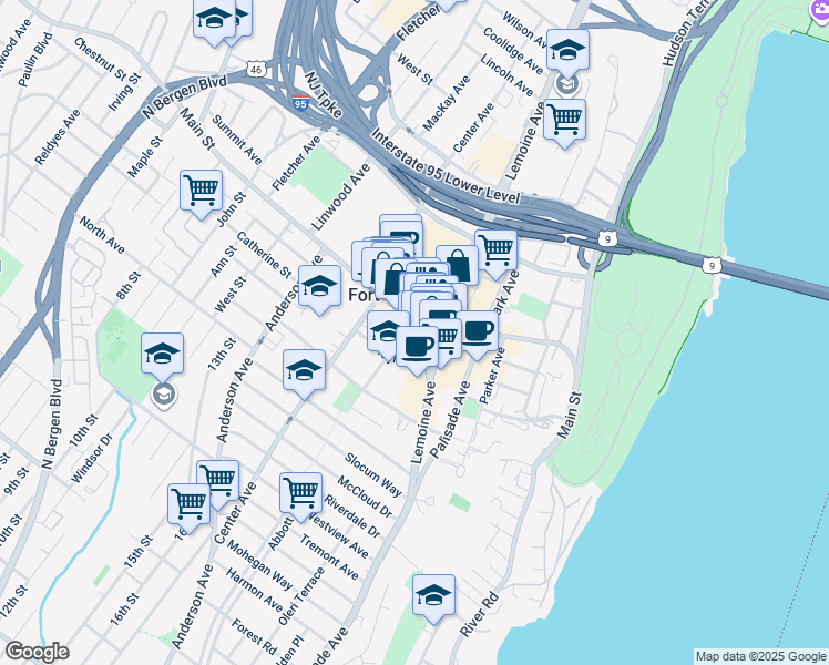 map of restaurants, bars, coffee shops, grocery stores, and more near 214 Main Street in Fort Lee