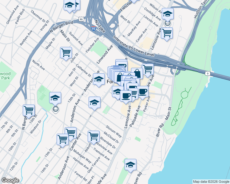 map of restaurants, bars, coffee shops, grocery stores, and more near 275 Hoym Street in Fort Lee