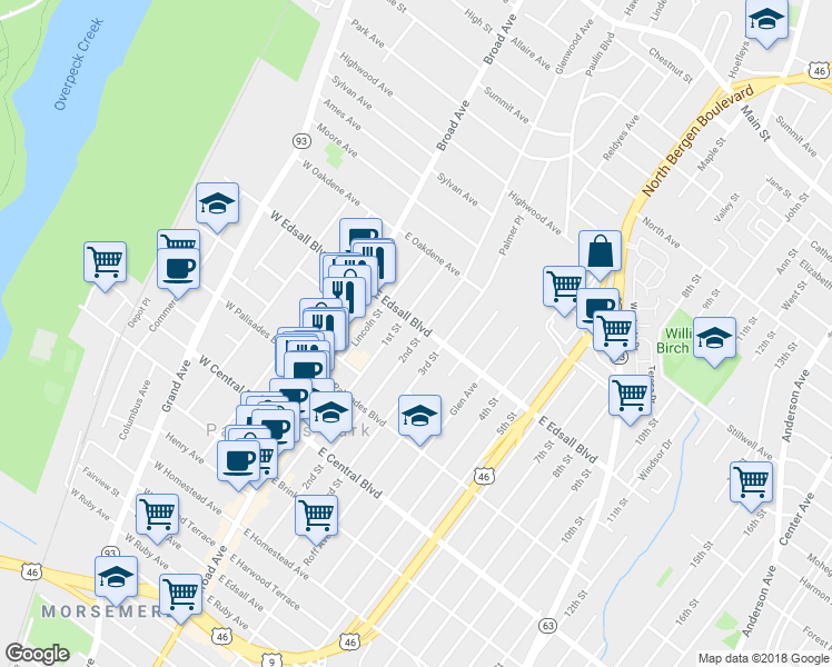 map of restaurants, bars, coffee shops, grocery stores, and more near 61 East Edsall Boulevard in Palisades Park