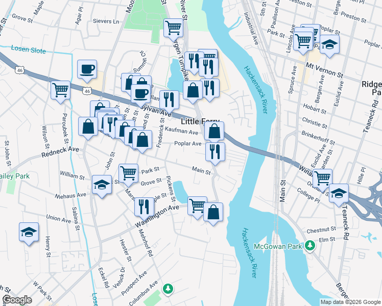 map of restaurants, bars, coffee shops, grocery stores, and more near 49 Petersilge Drive in Little Ferry