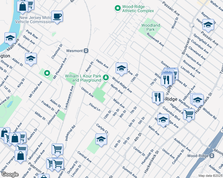 map of restaurants, bars, coffee shops, grocery stores, and more near 139 12th Street in Wood-Ridge