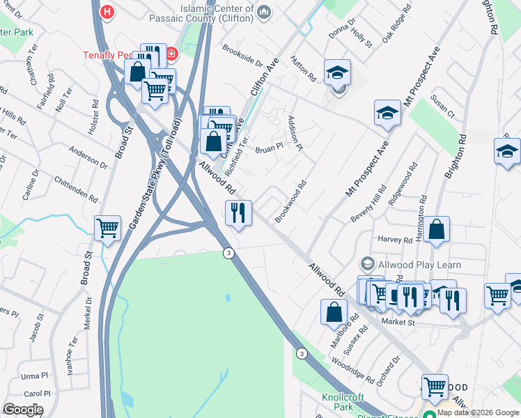 map of restaurants, bars, coffee shops, grocery stores, and more near 866 Allwood Road in Clifton