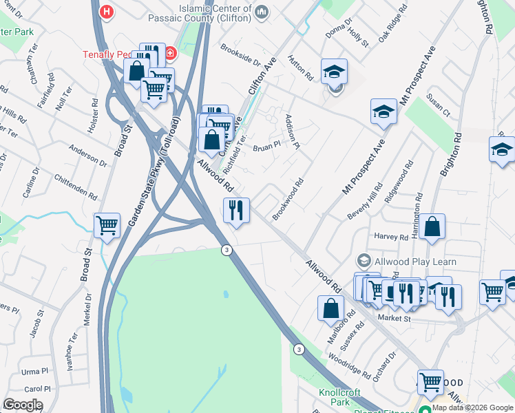 map of restaurants, bars, coffee shops, grocery stores, and more near 866 Allwood Road in Clifton