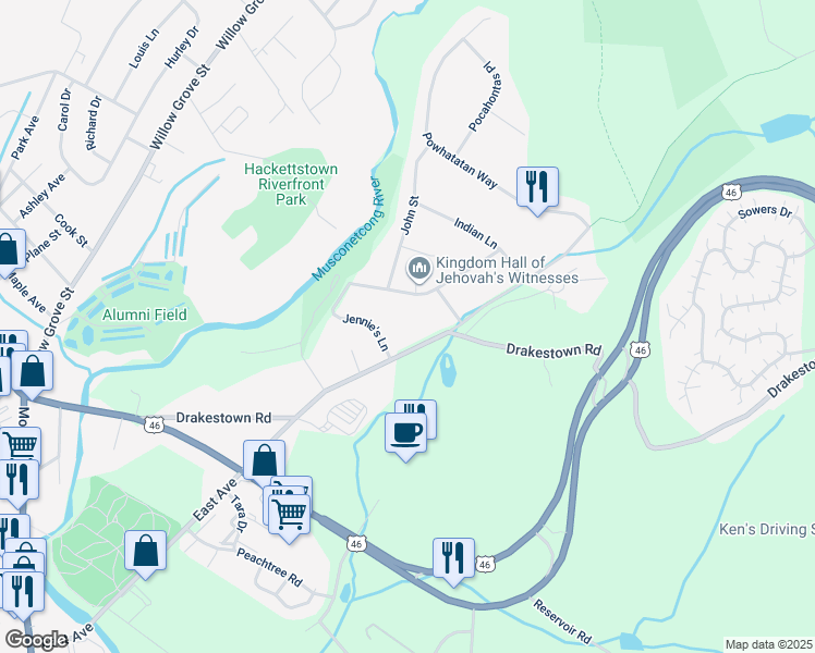map of restaurants, bars, coffee shops, grocery stores, and more near 6 Jennie's Lane in Hackettstown