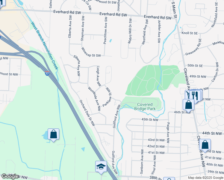 map of restaurants, bars, coffee shops, grocery stores, and more near 2907 Parklane Street Northwest in Canton