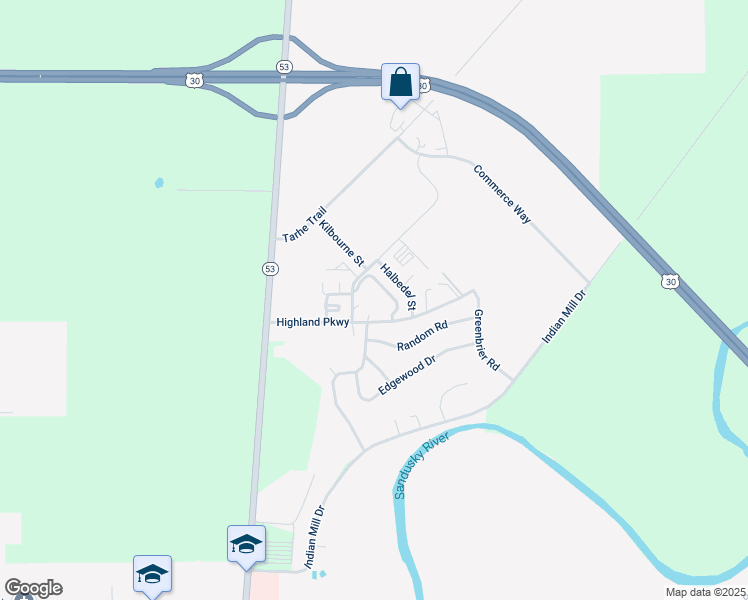 map of restaurants, bars, coffee shops, grocery stores, and more near 300 Highland Parkway in Upper Sandusky