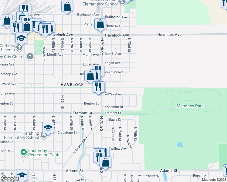 map of restaurants, bars, coffee shops, grocery stores, and more near 7132 Colfax Avenue in Lincoln