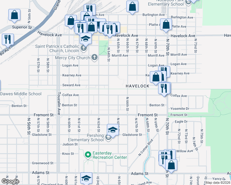 map of restaurants, bars, coffee shops, grocery stores, and more near 6500 Colfax Avenue in Lincoln