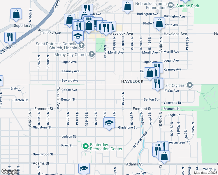 map of restaurants, bars, coffee shops, grocery stores, and more near 3820 North 64th Street in Lincoln