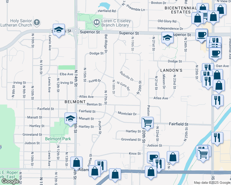 map of restaurants, bars, coffee shops, grocery stores, and more near 3939 North 18th Street in Lincoln