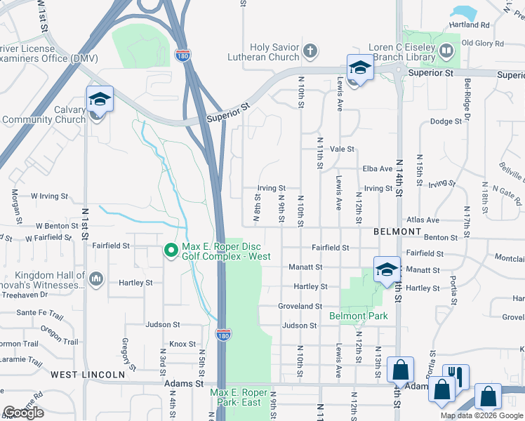 map of restaurants, bars, coffee shops, grocery stores, and more near 3940 North 8th Street in Lincoln