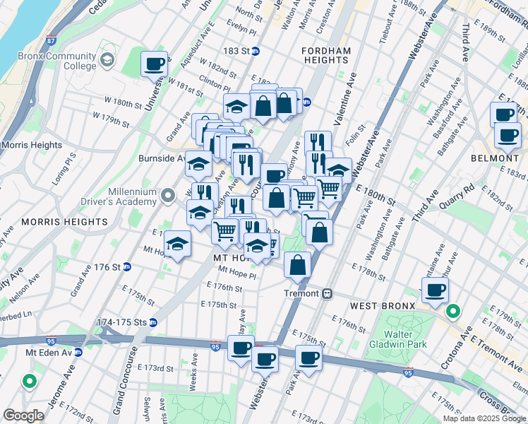 map of restaurants, bars, coffee shops, grocery stores, and more near 225 East 179th Street in Bronx