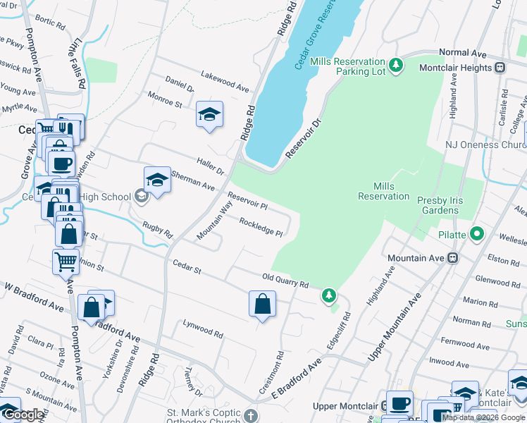 map of restaurants, bars, coffee shops, grocery stores, and more near 31 Reservoir Place in Cedar Grove