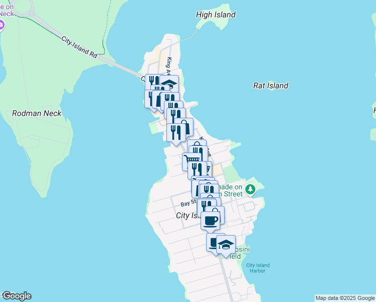 map of restaurants, bars, coffee shops, grocery stores, and more near 450 City Island Avenue in Bronx