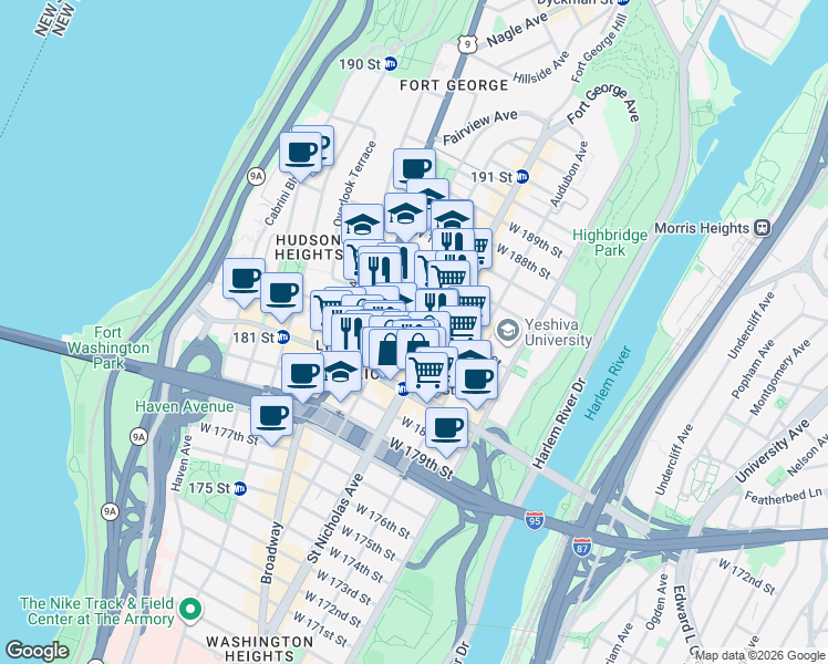 map of restaurants, bars, coffee shops, grocery stores, and more near 615 West 183rd Street in New York