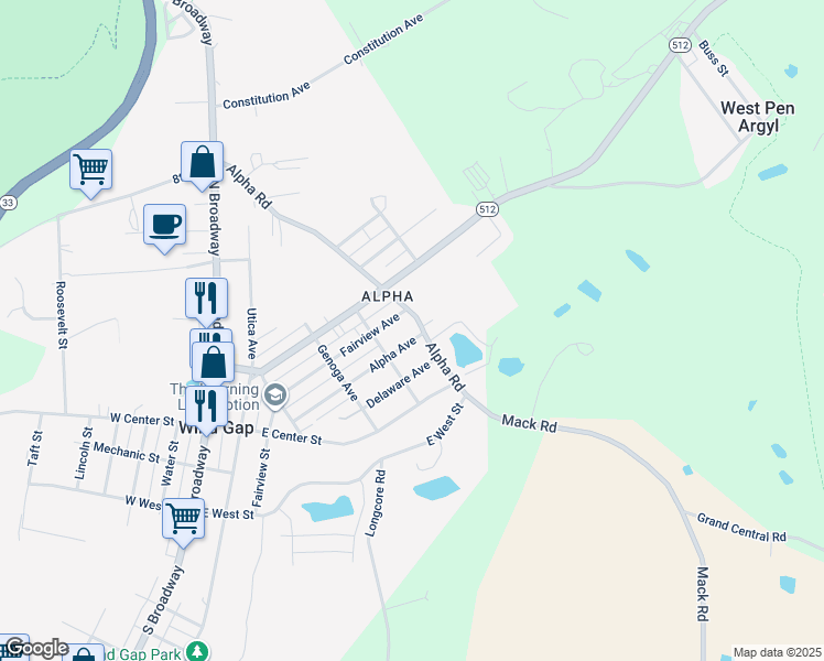 map of restaurants, bars, coffee shops, grocery stores, and more near 346 Alpha Avenue in Wind Gap