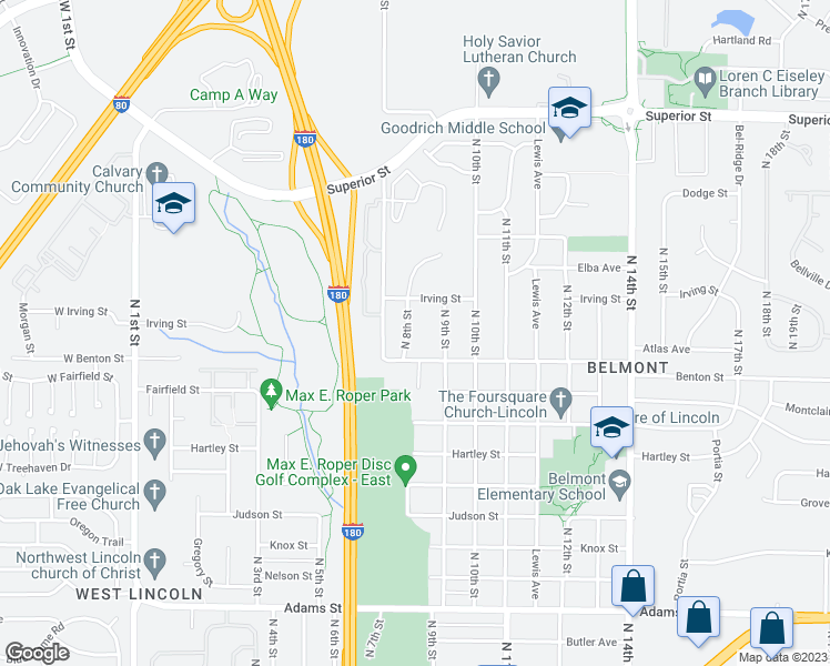 map of restaurants, bars, coffee shops, grocery stores, and more near 3940 North 8th Street in Lincoln