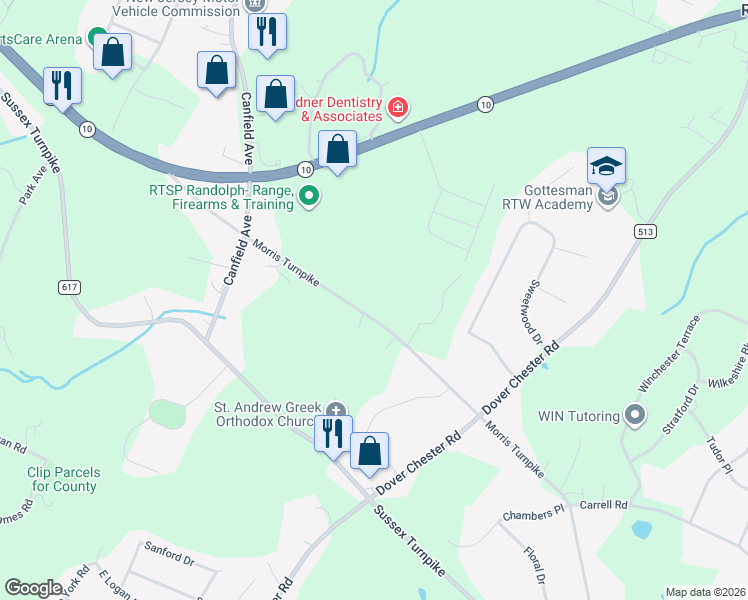 map of restaurants, bars, coffee shops, grocery stores, and more near 53 Morris Turnpike in Randolph