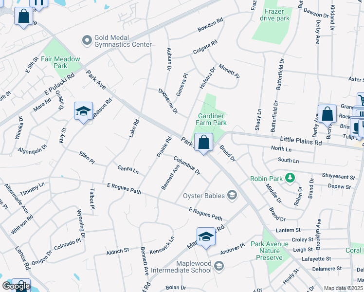 map of restaurants, bars, coffee shops, grocery stores, and more near 889 Park Avenue in Huntington
