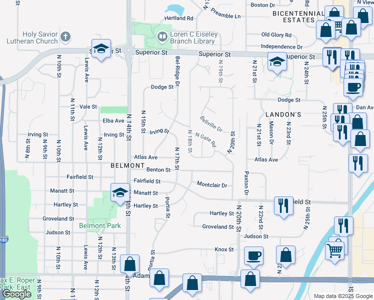 map of restaurants, bars, coffee shops, grocery stores, and more near 3939 North 18th Street in Lincoln