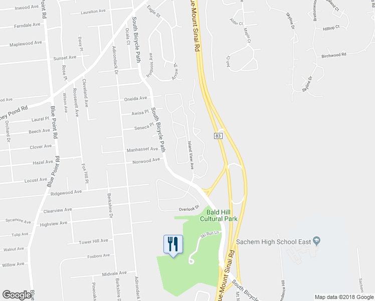 map of restaurants, bars, coffee shops, grocery stores, and more near 166 Horizon View Drive in Farmingville