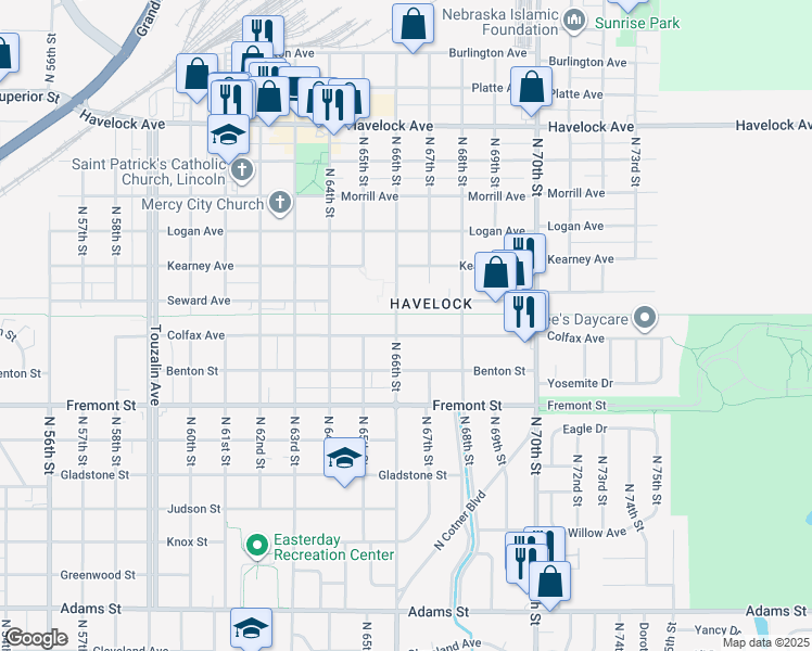 map of restaurants, bars, coffee shops, grocery stores, and more near 6610 Colfax Avenue in Lincoln