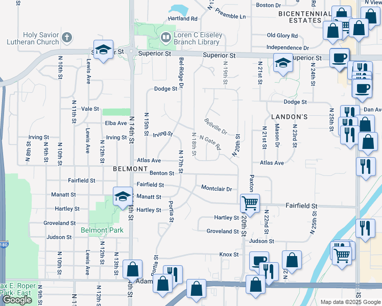map of restaurants, bars, coffee shops, grocery stores, and more near 3939 N 18th St in Lincoln