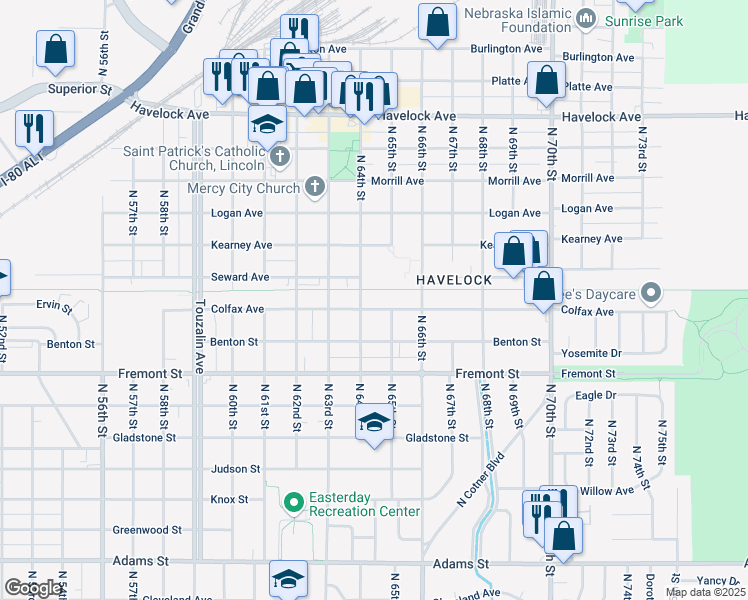 map of restaurants, bars, coffee shops, grocery stores, and more near 3820 North 64th Street in Lincoln