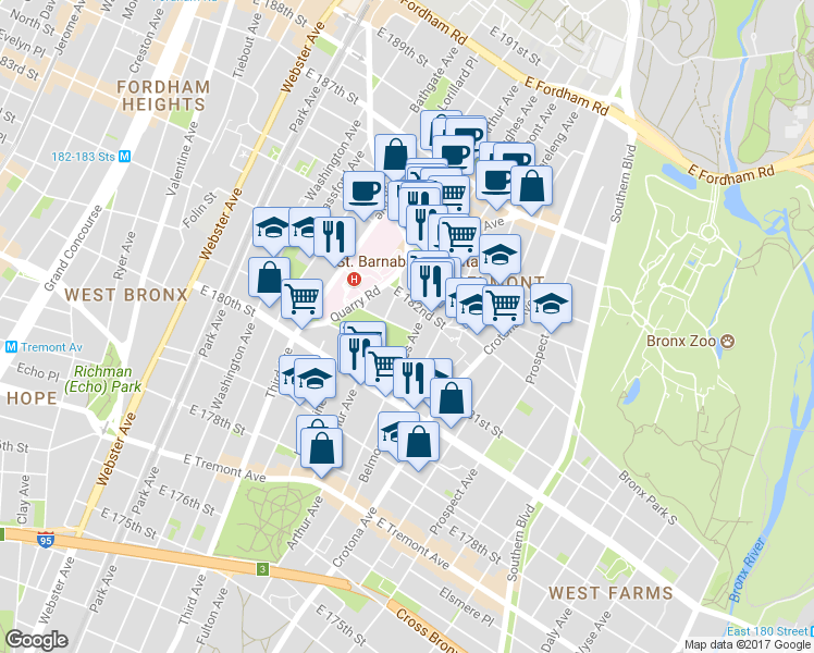 map of restaurants, bars, coffee shops, grocery stores, and more near 625 Oak Tree Place in Bronx