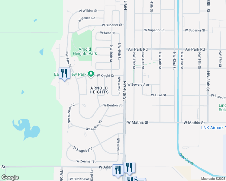 map of restaurants, bars, coffee shops, grocery stores, and more near 3718 Northwest 50th Street in Lincoln