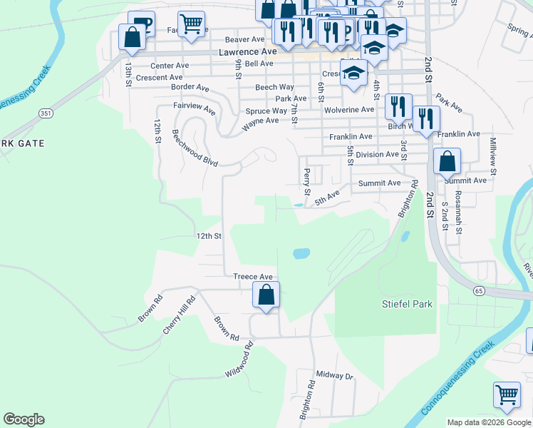 map of restaurants, bars, coffee shops, grocery stores, and more near 1222 Davidson St in Ellwood City