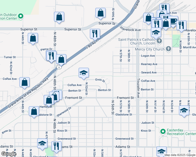map of restaurants, bars, coffee shops, grocery stores, and more near 5320 Ervin Street in Lincoln