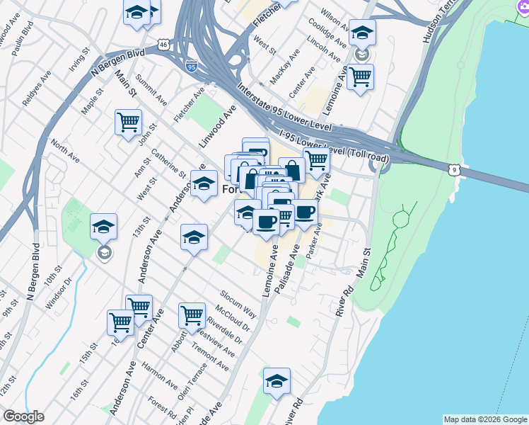 map of restaurants, bars, coffee shops, grocery stores, and more near 214 Main Street in Fort Lee