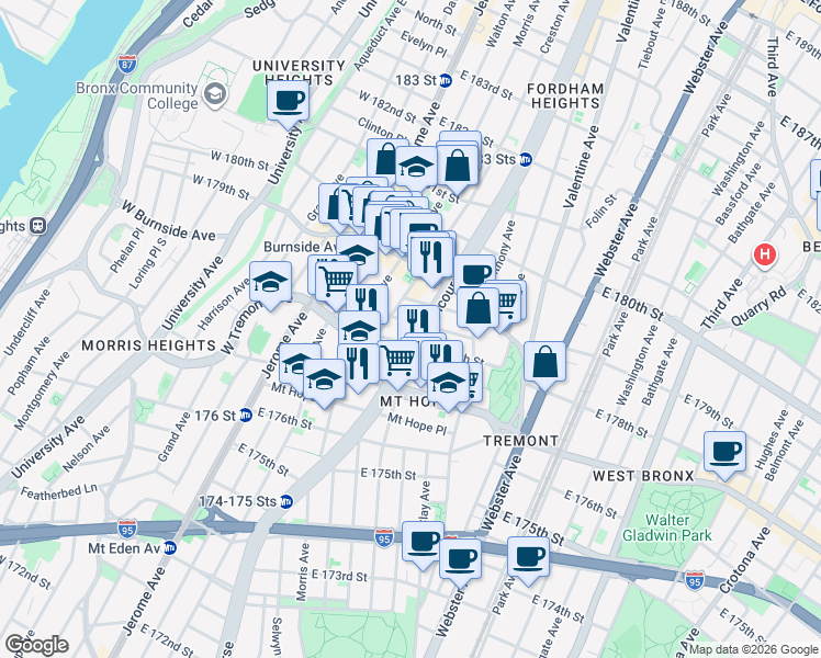 map of restaurants, bars, coffee shops, grocery stores, and more near in The Bronx