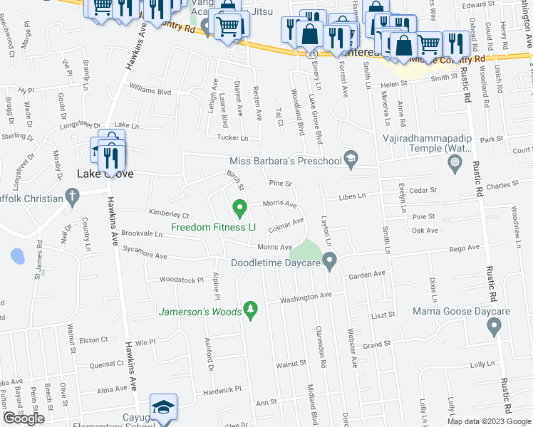 map of restaurants, bars, coffee shops, grocery stores, and more near 4 Andorra Lane in Lake Grove