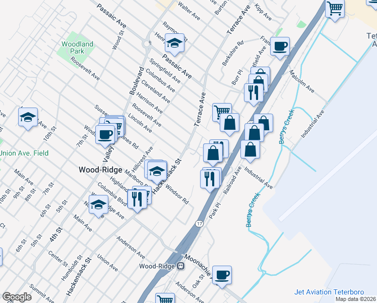 map of restaurants, bars, coffee shops, grocery stores, and more near 20 Terrace Avenue in Hasbrouck Heights