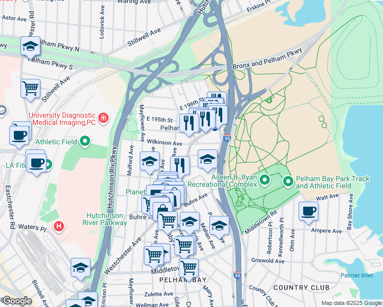 map of restaurants, bars, coffee shops, grocery stores, and more near 3184 Westchester Avenue in The Bronx