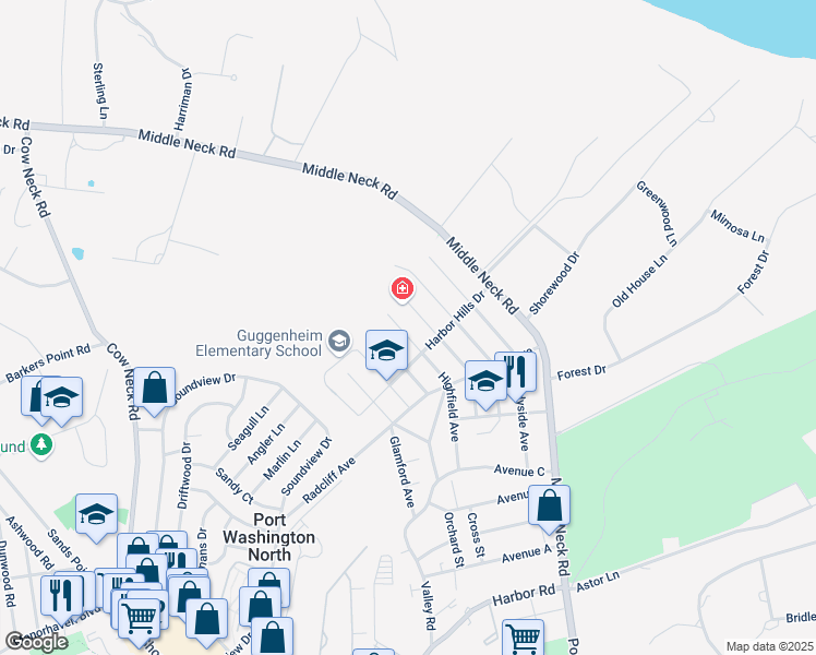 map of restaurants, bars, coffee shops, grocery stores, and more near 87 Highfield Avenue in Port Washington