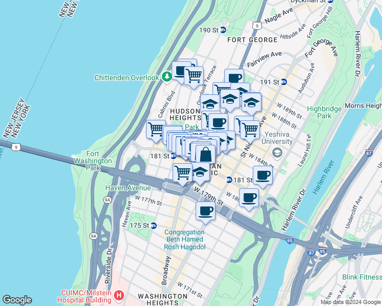 map of restaurants, bars, coffee shops, grocery stores, and more near 2 Colonel Robert Magaw Place in New York