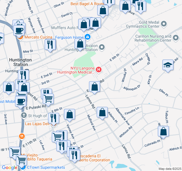 map of restaurants, bars, coffee shops, grocery stores, and more near 156 East Pulaski Road in Huntington Station