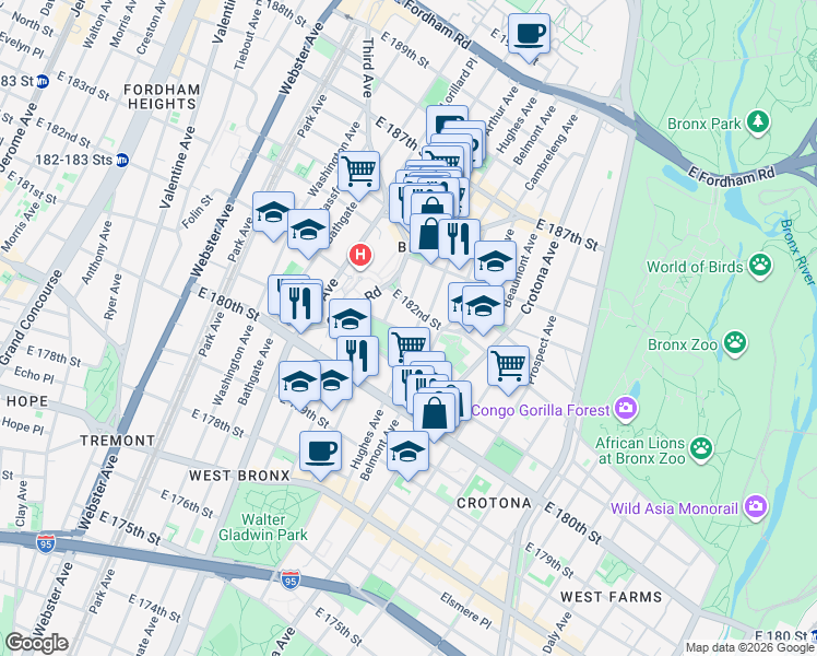 map of restaurants, bars, coffee shops, grocery stores, and more near 629 Oak Tree Place in Bronx