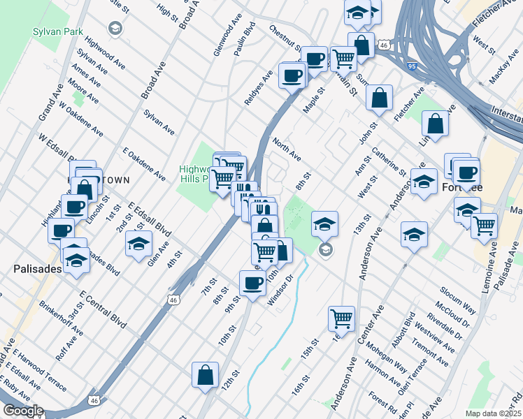 map of restaurants, bars, coffee shops, grocery stores, and more near 1470 Bergen Boulevard in Fort Lee